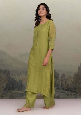 Mehndi green sequins flower yoke kurta set 3
