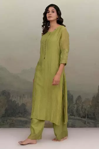 Mehndi green sequins flower yoke kurta set