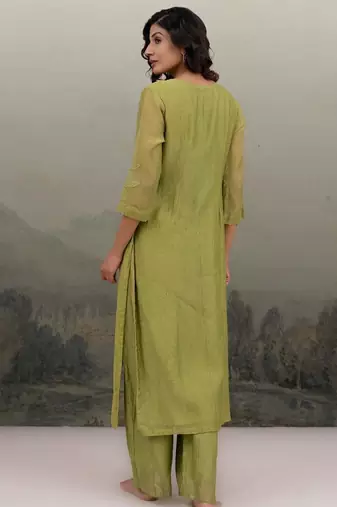 Mehndi green sequins flower yoke kurta set