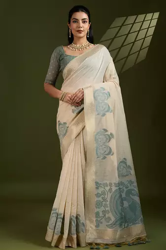 Beige muga cotton saree with kalamkari print and blouse piece