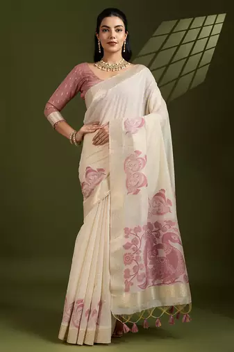 Beige muga cotton saree with kalamkari and self-check pattern