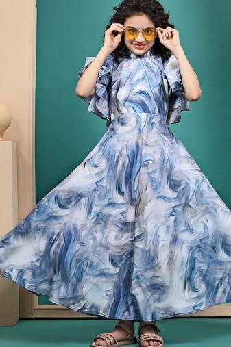 Sky blue maslin shibori printed fit & flare maxi length dress for kids girls