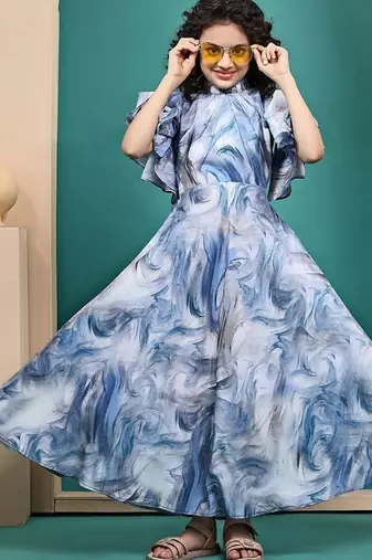Sky blue maslin shibori printed fit & flare maxi length dress for kids girls