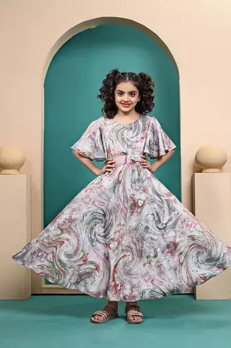 Multicolored maslin shibori printed fit & flare maxi length dress for kids girls