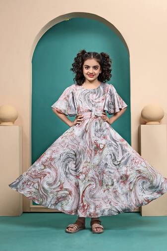 Multicolored maslin shibori printed fit & flare maxi length dress for kids girls