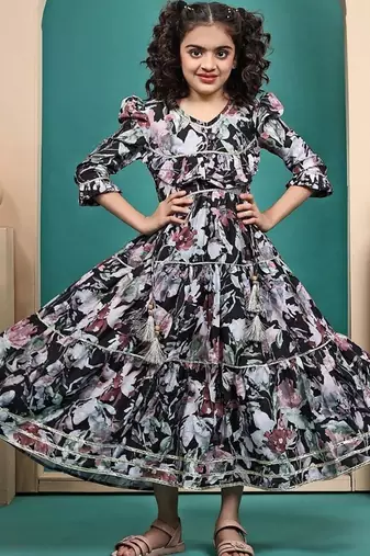 Multicolored maslin printed anarkali dress for kids girls