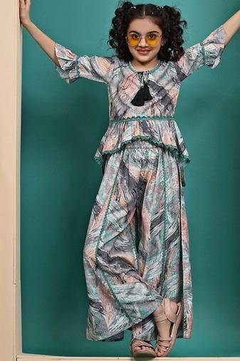 Multicolor maslin printed peplum top and palazzo set