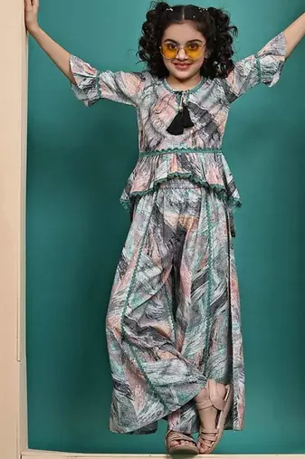 Multicolor maslin printed peplum top and palazzo set