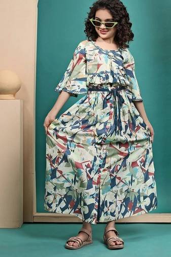 Multicolour maslin printed crop top and skirt set for kids girls