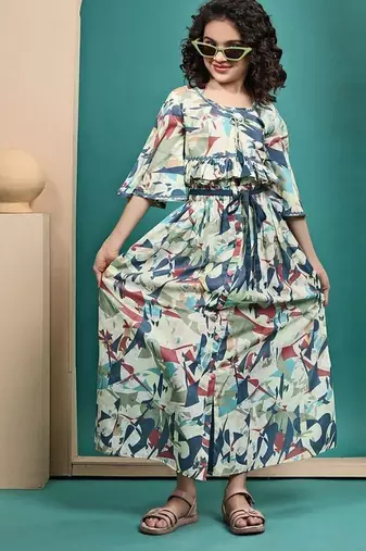 Multicolour maslin printed crop top and skirt set for kids girls