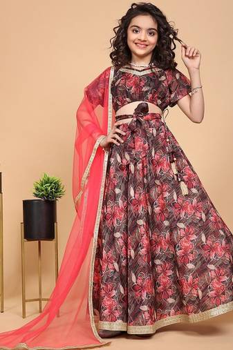Maroon printed chinon fabric lehenga choli set for kids girls