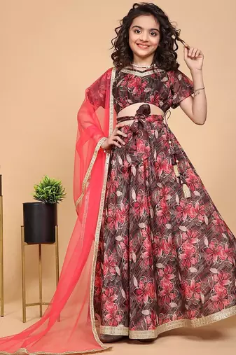 Maroon printed chinon fabric lehenga choli set for kids girls