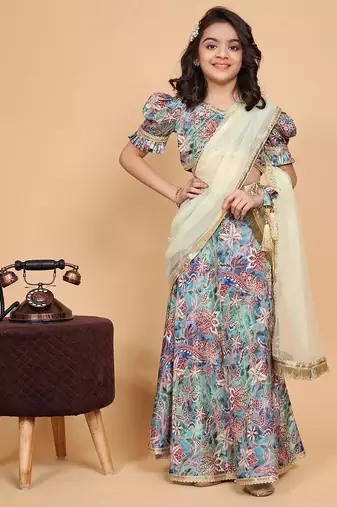 Multicolored printed chinon fabric lehenga choli set for kids girls