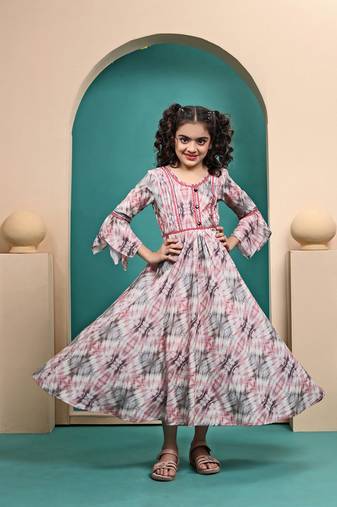 Multicolored maslin printed anarkali dress for kids girls