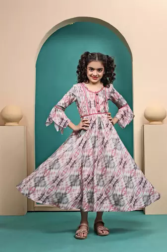 Multicolored maslin printed anarkali dress for kids girls