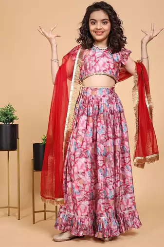 Pink chinon printed gota lace lehenga choli set for kids girls