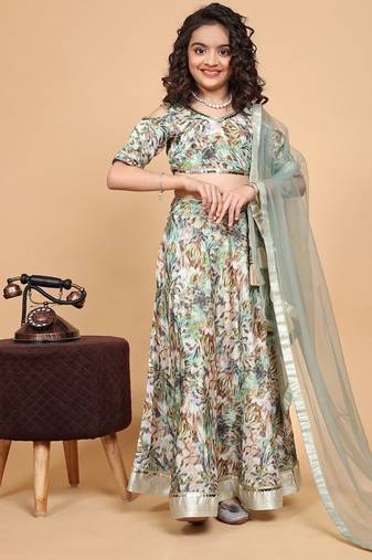 Mint green chinon chiffon printed lehenga choli set for kids girls