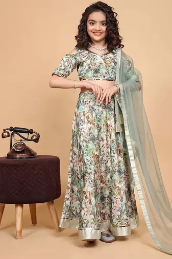 Mint green chinon chiffon printed lehenga choli set for kids girls