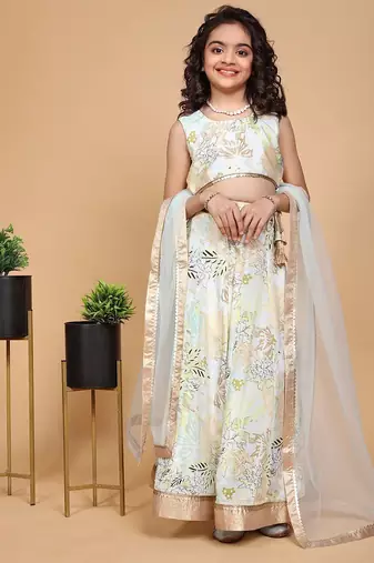 Light mint green chinon chiffon printed lehenga choli set for kids girls