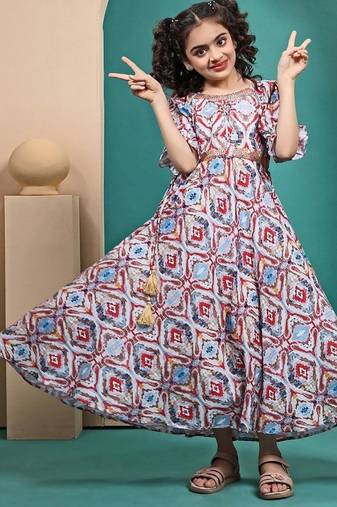 Multicolored maslin printed anarkali dress for kids girls