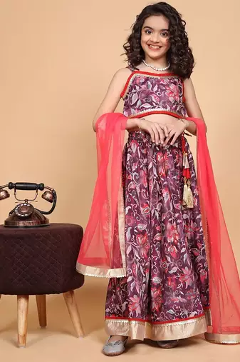 Maroon chinon floral printed sleeveless lace kids girls lehenga choli set