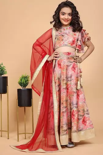 Peach colored chinon chiffon fabric floral printed kids girls lehenga choli set