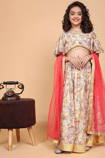 Cream colored chinon chiffon fabric floral printed kids girls lehenga choli set