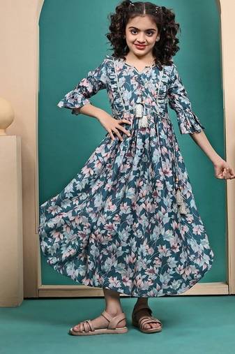 Multicolored maslin printed anarkali dress for kids girls