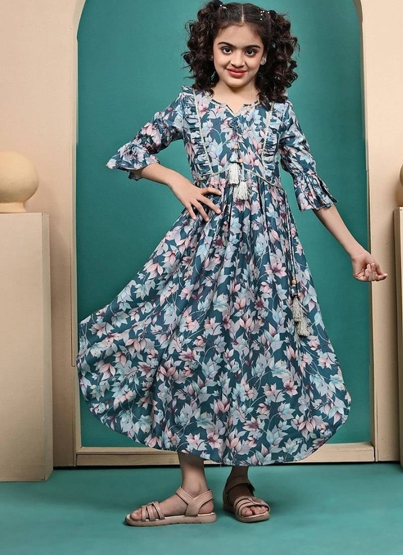 Multicolored maslin printed anarkali dress for kids girls