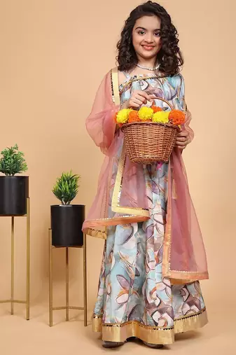 Sky blue printed oneside sleeve chinon girls lehenga choli set