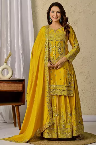 YELLOW CHINON SILK EMBROIDERY PARTY WEAR SUIT SET 