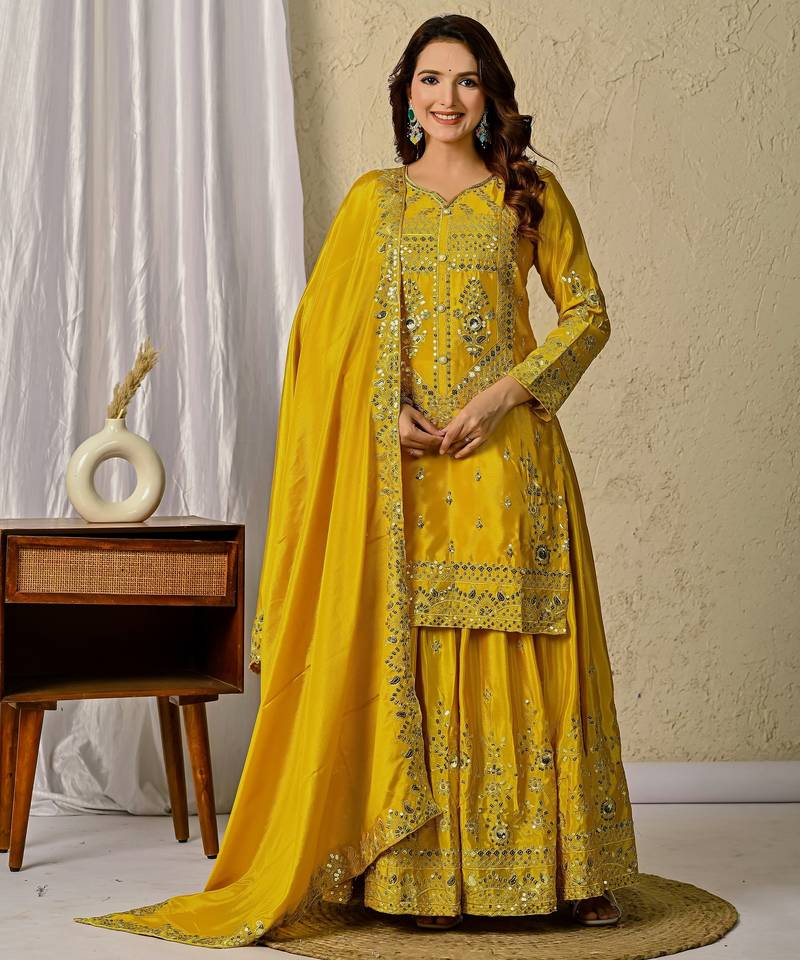 YELLOW CHINON SILK EMBROIDERY PARTY WEAR SUIT SET 