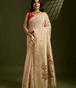 Beige flower thread woven cotton saree with blouse piece