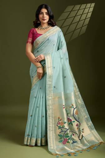 Turquoise muga cotton saree with paithani zari woven pallu and blouse