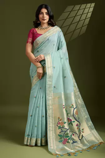 Turquoise muga cotton saree with paithani zari woven pallu and blouse