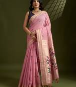 Pink floral butti woven cotton saree with blouse piece