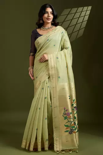 Pista handcrafted cotton saree with zari woven pallu and matching blouse