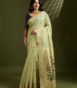 Pista handcrafted cotton saree with zari woven pallu and matching blouse