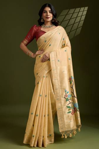 Light yellow cotton saree with thread woven motifs and blouse piece