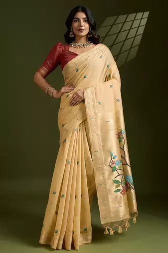Light yellow cotton saree with thread woven motifs and blouse piece