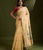 Light yellow cotton saree with thread woven motifs and blouse piece
