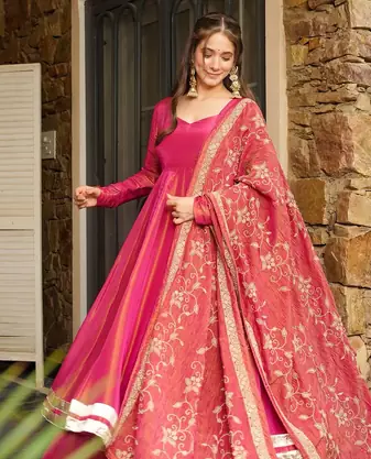 PINK SILK EMBROIDERY PARTY WEAR ANARKALI SUIT SET