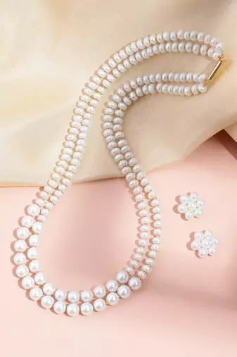 elegant double layer pearl necklace set with matching stud earrings for women | festive & daily wear jewelry