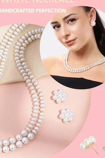 elegant double layer pearl necklace set with matching stud earrings for women | festive & daily wear jewelry