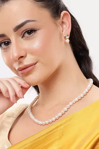 classic single line pearl necklace with kundan drop earrings for women | elegant party & festive wear jewelry set