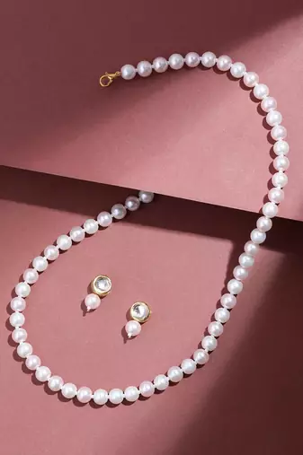 classic single line pearl necklace with kundan drop earrings for women | elegant party & festive wear jewelry set