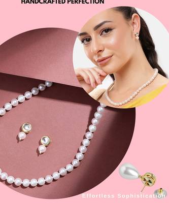 classic single line pearl necklace with kundan drop earrings for women | elegant party & festive wear jewelry set 5