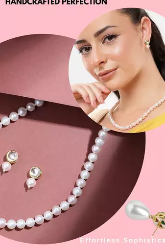 classic single line pearl necklace with kundan drop earrings for women | elegant party & festive wear jewelry set