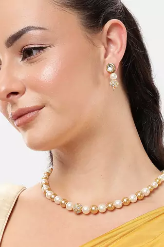 gold & white pearl bead mala with designer stone beads and kundan earrings | traditional jewellery set for women