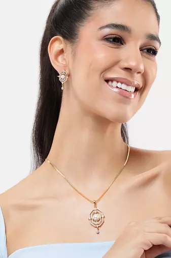 gold-plated pendant set with aaa grade cream pearl & ad stones